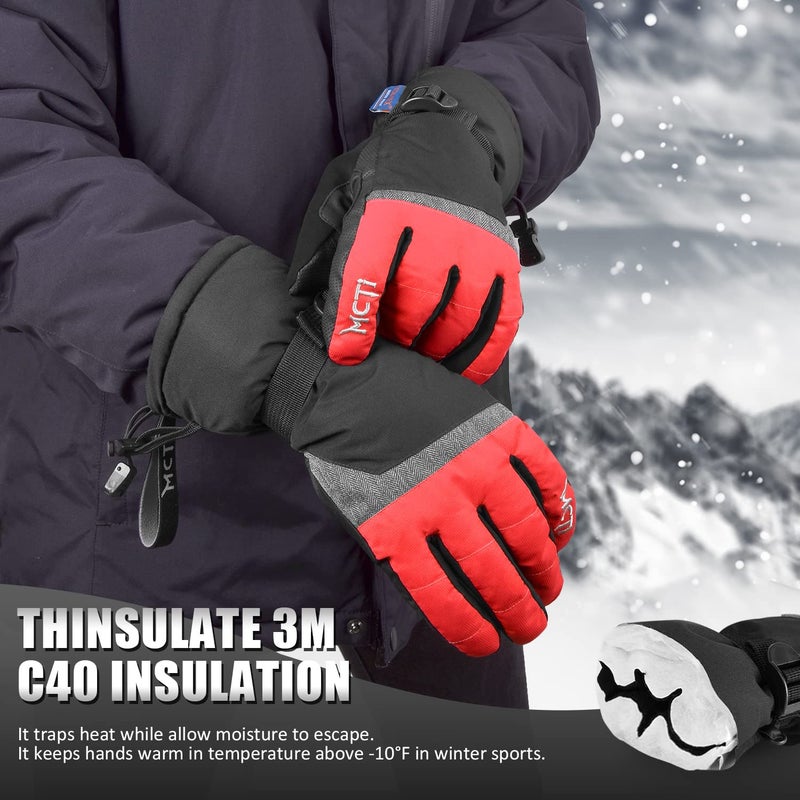 MCTi Ski Gloves,Winter Waterproof Snowboard Snow 3M Thinsulate Warm Touchscreen Cold Weather Women Gloves Wrist Leashes Red Medium - Image 3